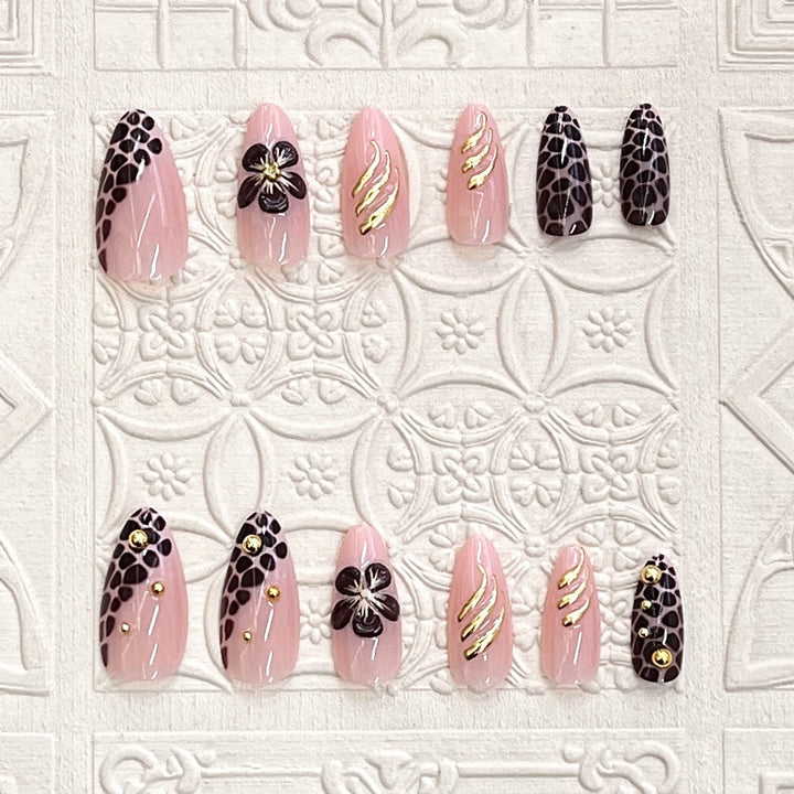 Artistic Press-On Nail Set with Floral and Leopard Accent Kalsten