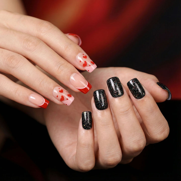 Creative artificial nails with heart design and glitter effects Kalsten
