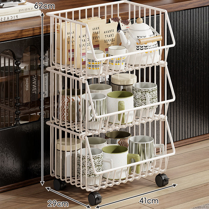 Four-Tier Tall Rolling Wire Pantry and Mug Storage Cart with Deep Slanted Baskets