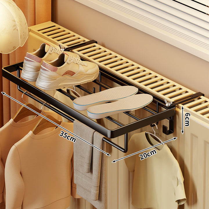 Radiator-Mounted Folding Drying Rack with Extendable Shoe Shelf and Multi-Hook Hanger