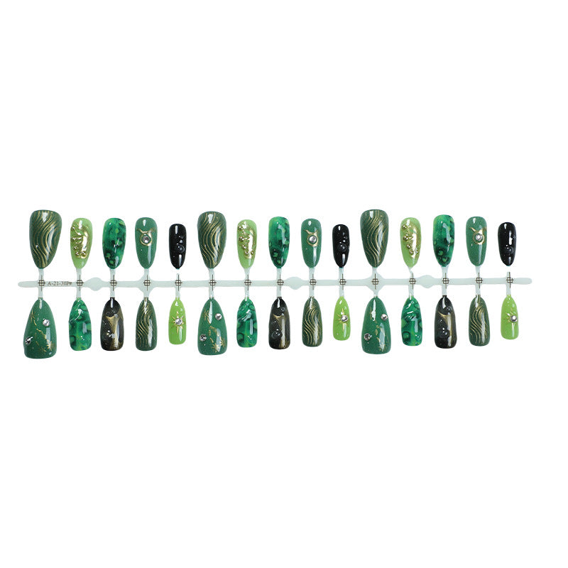 Artistic Press-On Nail Art Set with Emerald and Gold Designs kalsten