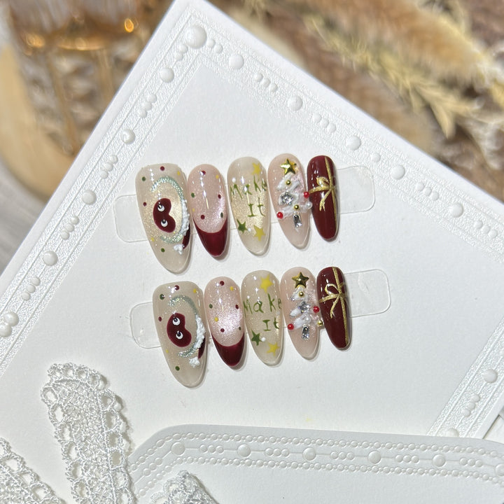 Festive Press-On Nail Art Set with Holiday Designs Kalsten