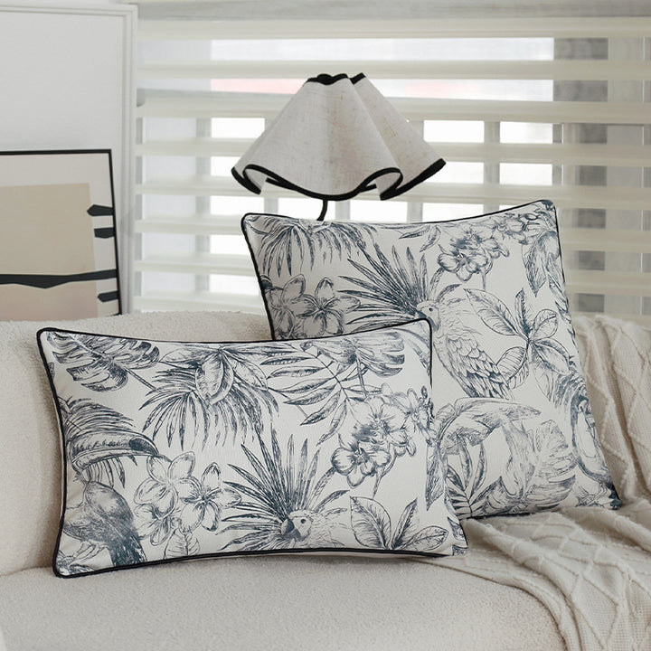 Square decorative cushion cover with botanical parrot illustration print and fine piping Kalsten