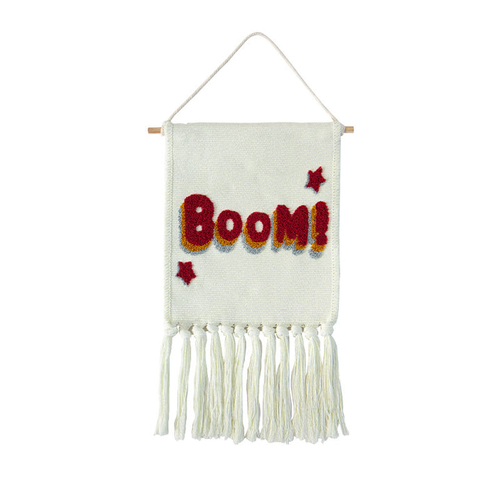 Woven cotton blend wall hanging with tufted cactus motif and cotton fringes Kalsten
