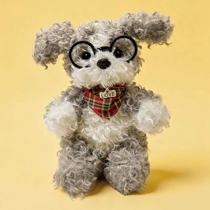 Curly-Fur Sitting Puppy Plush with Round Glasses & Plaid 'LOVE' Bandana Kalsten