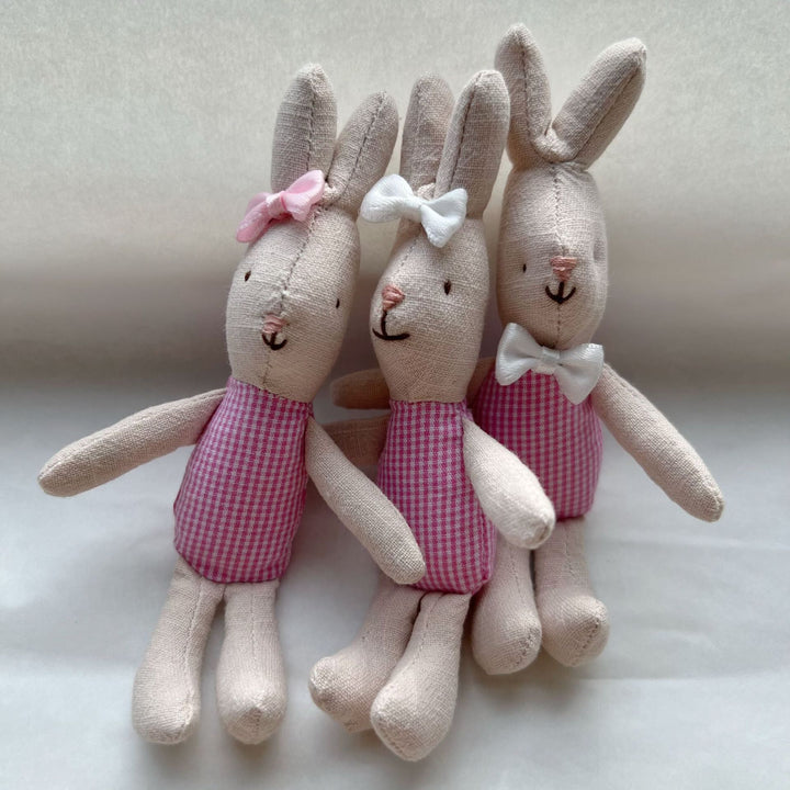 Miniature Linen Rabbit Comforter Plush with Gingham Pocket Dress and Ribbon Bow