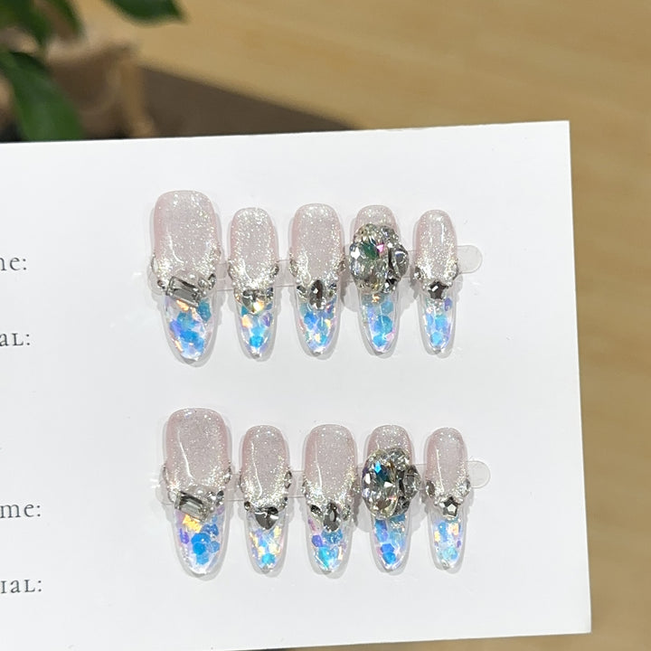 Artistic Gemstone-Embellished Press-On Nail Set 1790730615