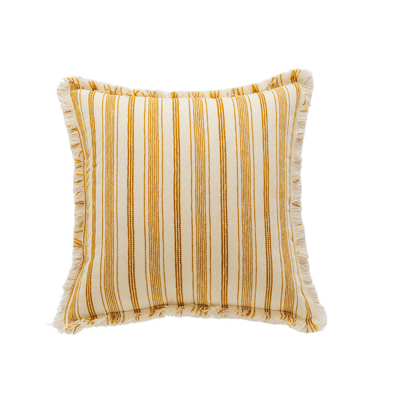 Striped Coastal-Inspired Cotton Square Pillow Cover with Fringed Edge and Concealed Zip