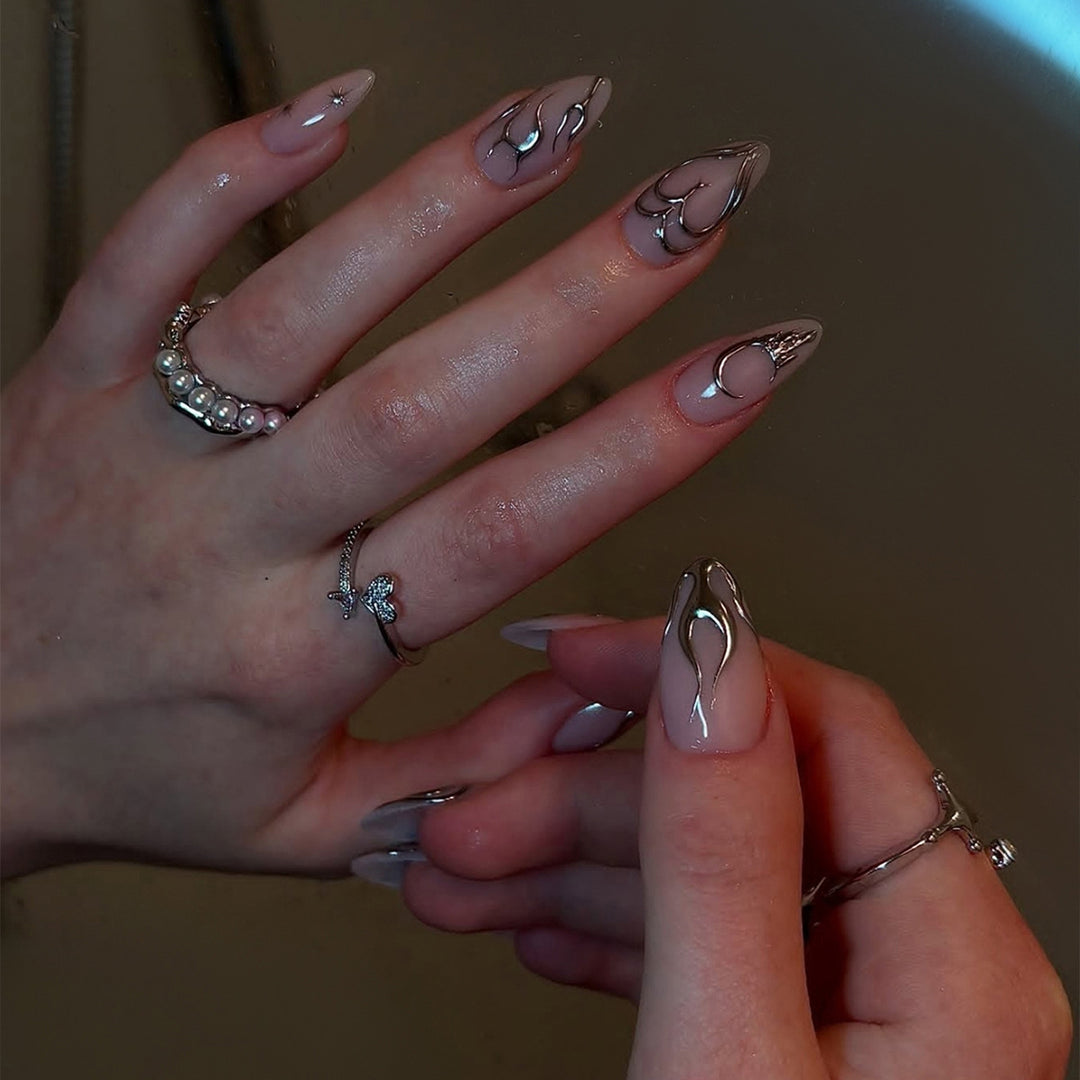 Decorative Press-On Nail Art Set with Metallic Flame Accents kalsten