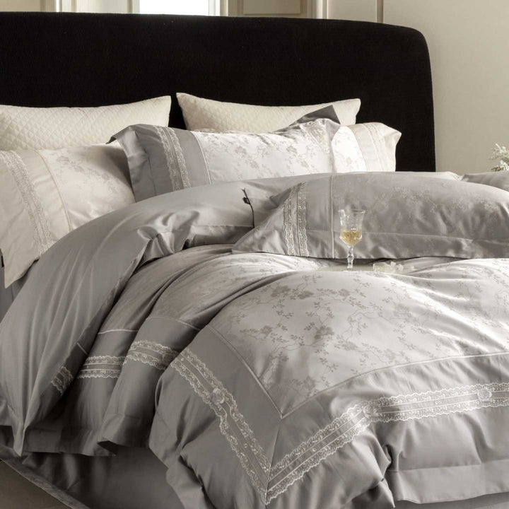 Luxurious satin bedding set with intricate embroidery