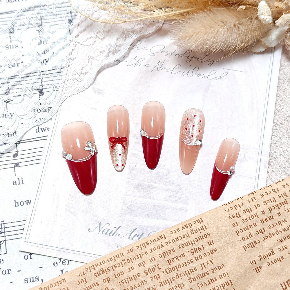 Elegant Artificial Nails with Decorative Ribbons and Rhinestone Clusters Kalsten