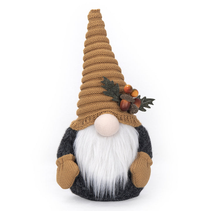 Autumn handmade decorative gnome figure with knitted hat, felt leaf application and pumpkin detail