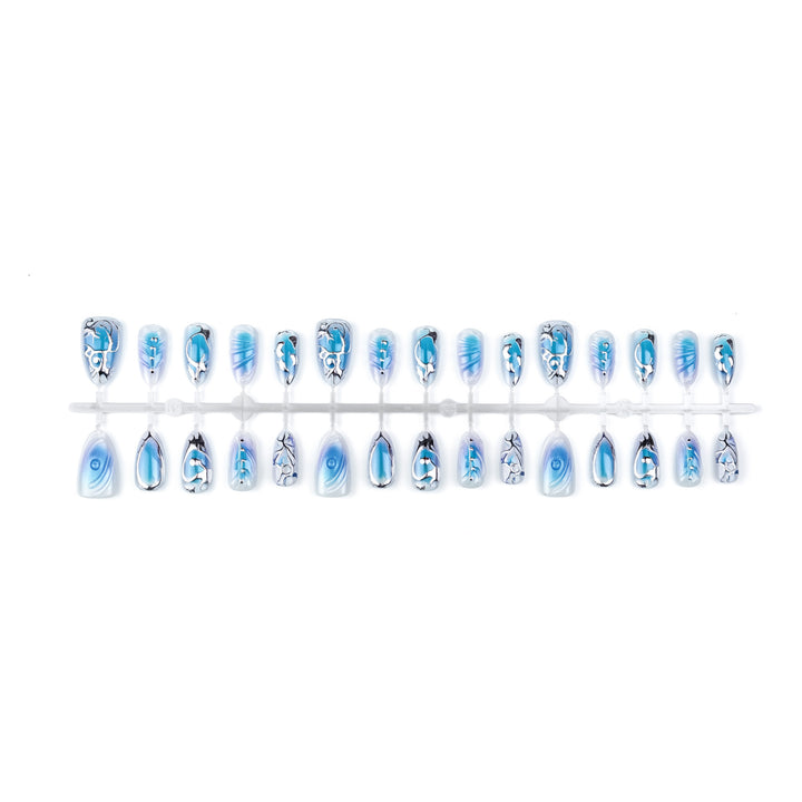 Premium Artistic Press-On Nail Set with Silver and Blue Designs