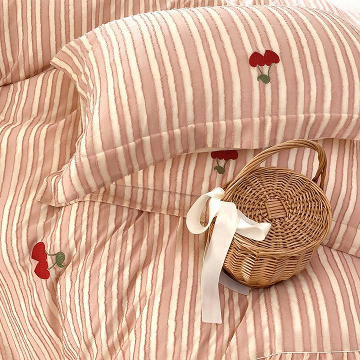 Striped bedding set made of cotton satin with cherry embroidery and ruffled edge