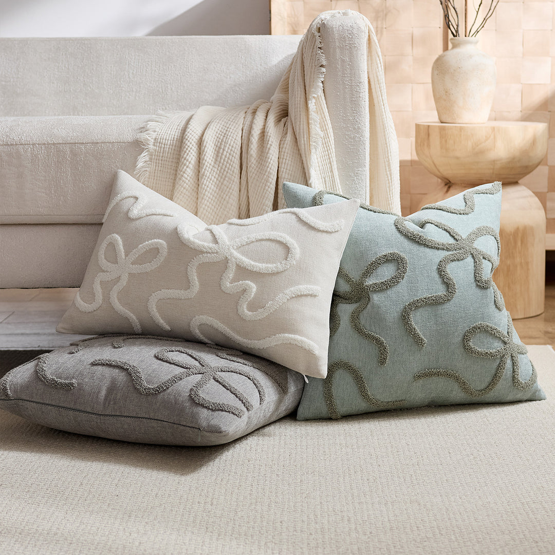 Square Textured Loop-Appliqué Linen-Blend Accent Pillow Cover
