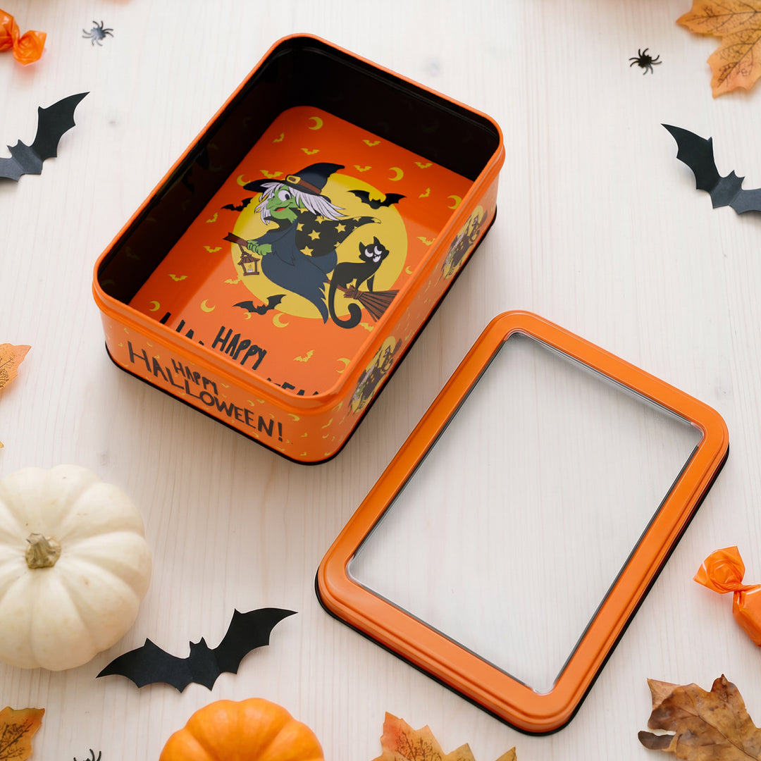 Halloween Metal Box with Viewing Window and Witch Motif