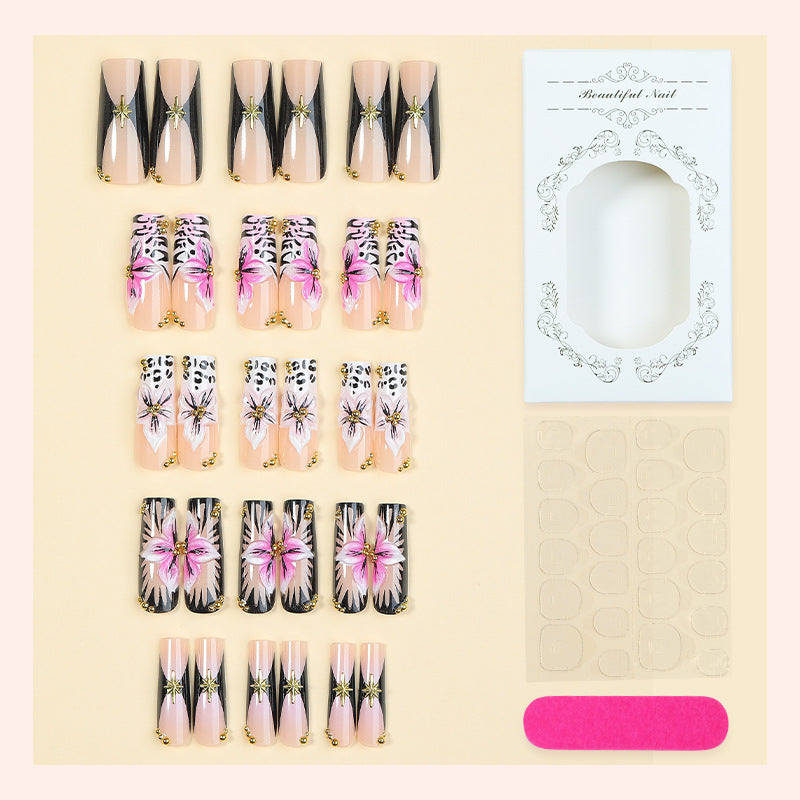 Artificial nail set with elegant flower and leopard motifs Kalsten
