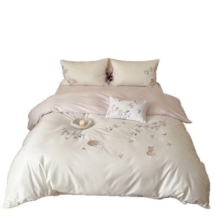 Elegant embroidered bedding set made of cotton satin with cat and flower motif Kalsten