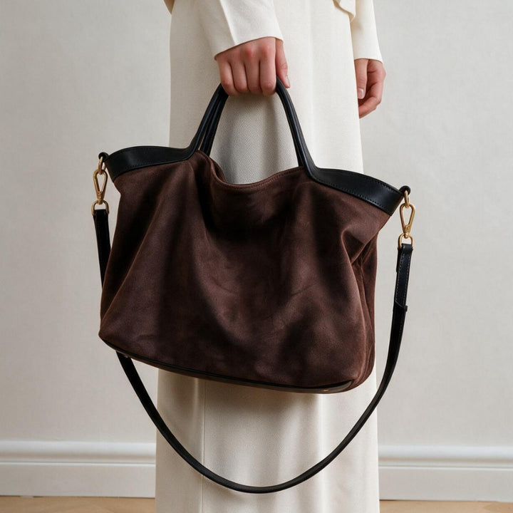 Suede Slouch Shopper Tote with Contrast Leather Trim & Removable Crossbody Strap