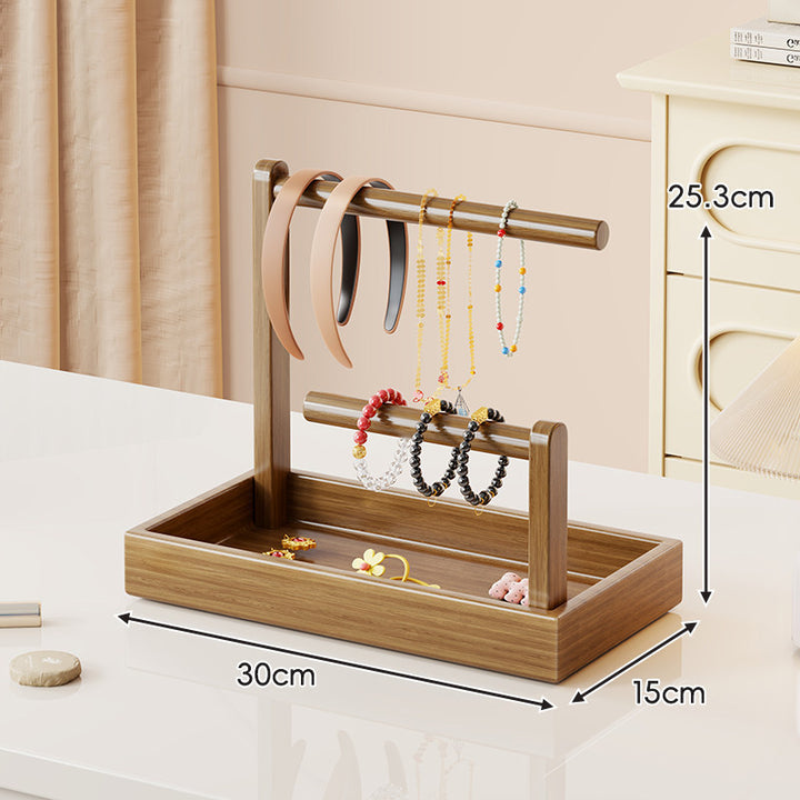 Multi-Level Wooden Jewelry Organizer Stand with Tray and Rod Display