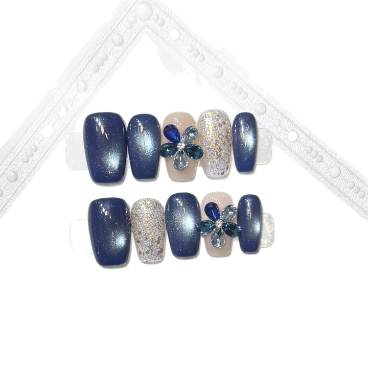 Elegant Floral Press-On Nail Set with Gemstone Accents Kalsten