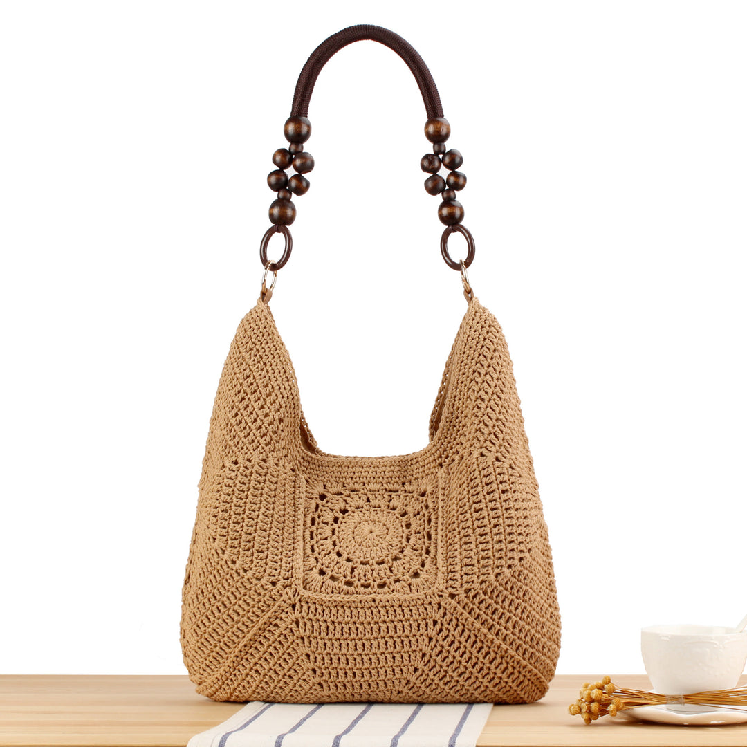 Handbag Made of Hand-Knotted Natural Material with Stylish Wooden Handles Kalsten