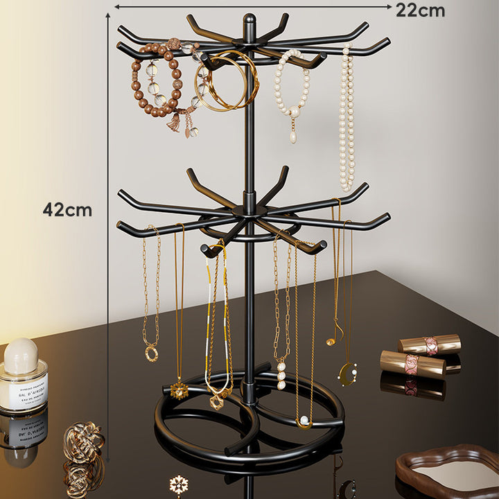 Rotating Tiered Jewelry Organizer Stand with Multi-Arm Hooks and Circular Ring Trays