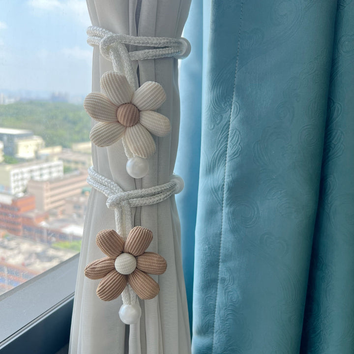 Fabric Flower Curtain Tieback with Braided Rope and Faux Pearl Accent