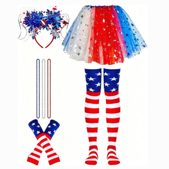 Women's Independence Day tulle tutu skirt with oversized bow headband over-the-knee star-striped stockings and matching arm sleeves Kalsten