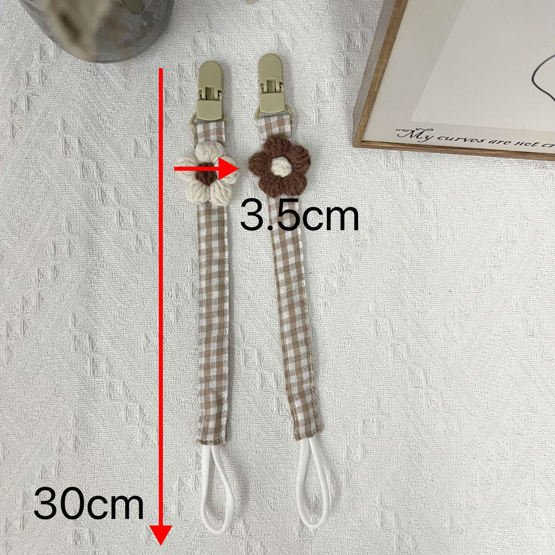Pacifier and Teether Clip with Wooden Safety Clip and Crochet Flower