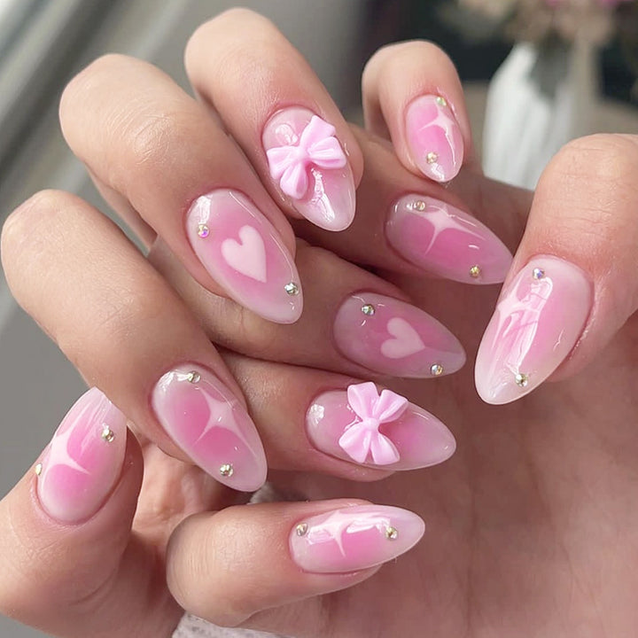 Decorative Press-On Nail Set with Heart and Bow Design kalsten