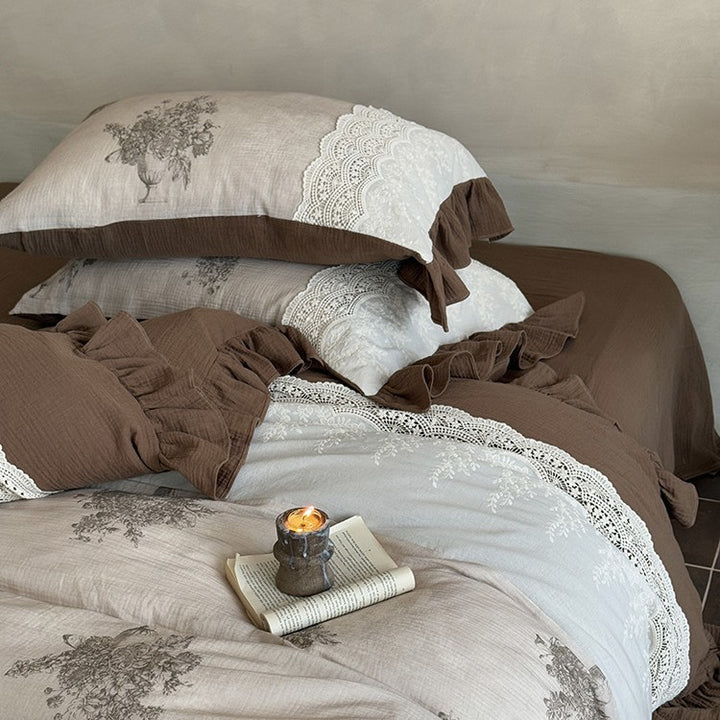 French country house bed linen set made of cotton percale with crochet lace trim