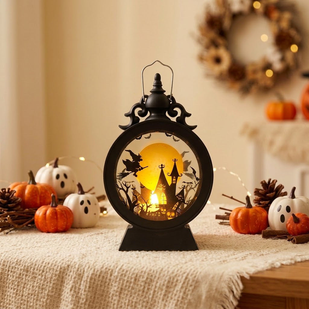 LED decorative table lantern with Halloween silhouettes and warm white light