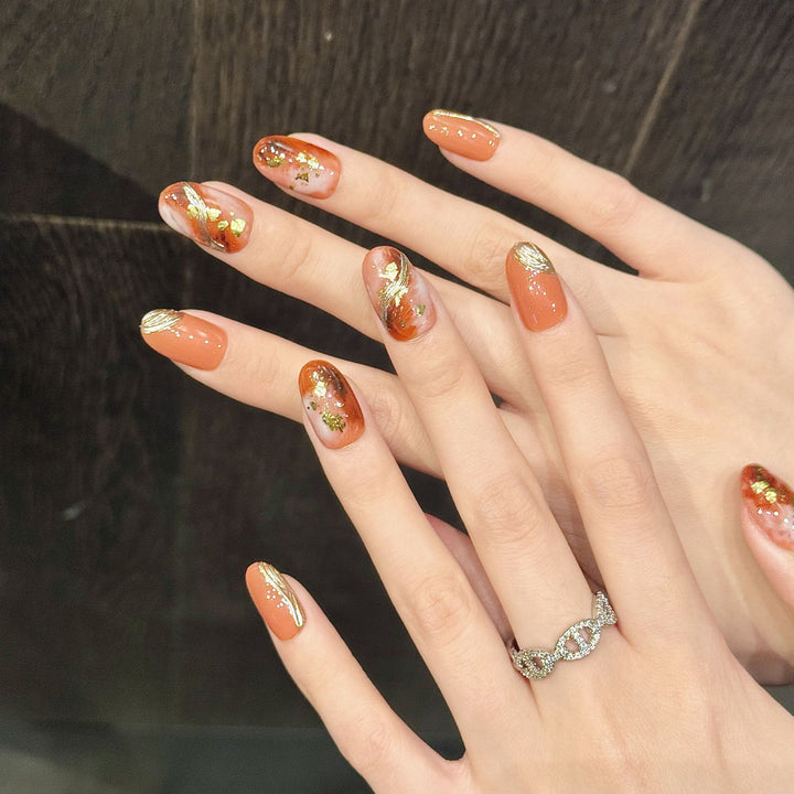 Artistic Press-On Nail Art Set with Elegant Leaf Accents