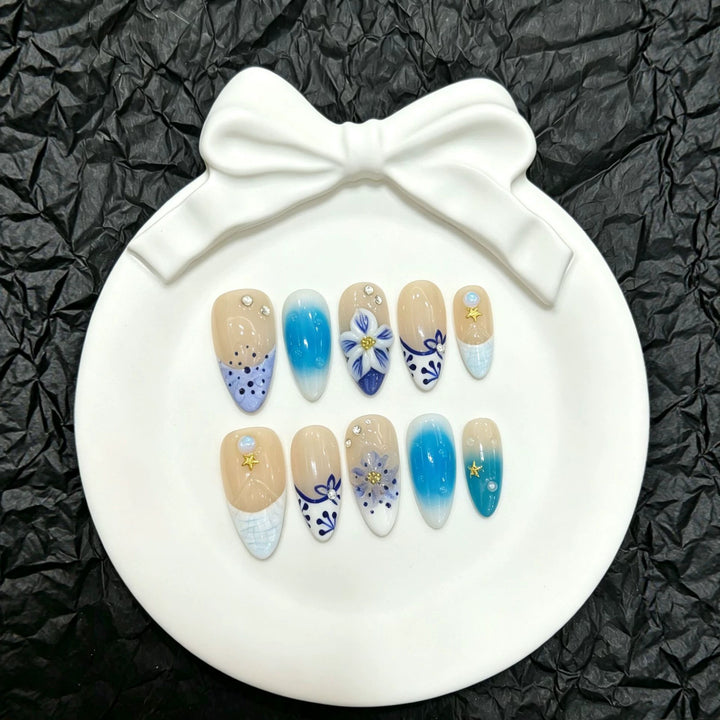 Artistic Press-On Nail Art Set with Floral and Gem Accents