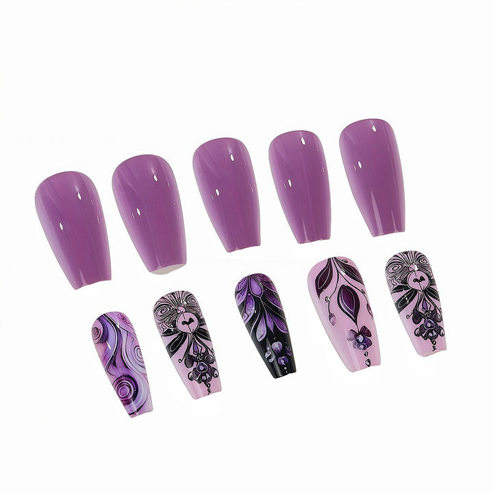 Artificial nails with intricate purple pattern Kalsten