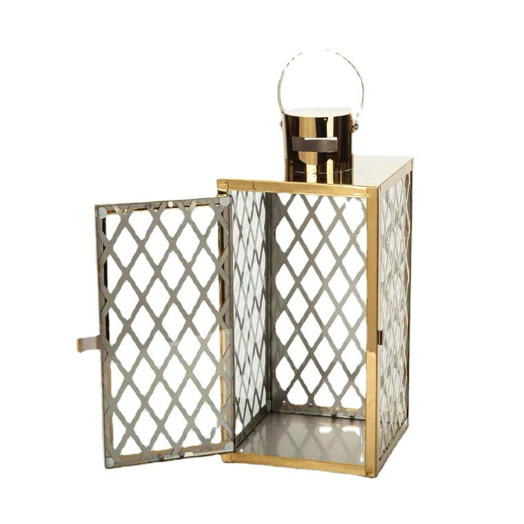Modern Polished Lattice Metal Lantern Collection with Hinged Door and Top Loop Handle Kalsten