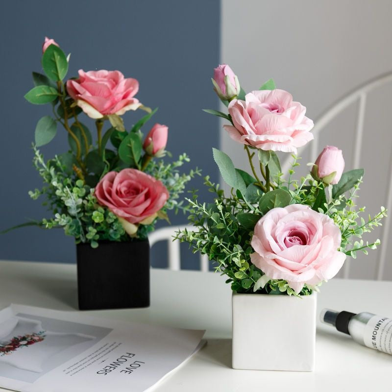 Lifelike Floral Arrangement in Decorative Square Planter