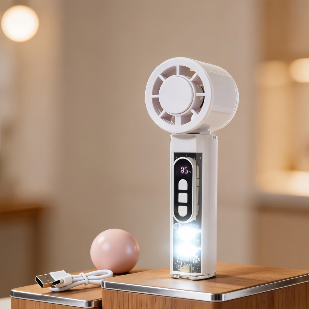 Women Portable Hand Fan with Temperature Display and LED Lighting Kalsten