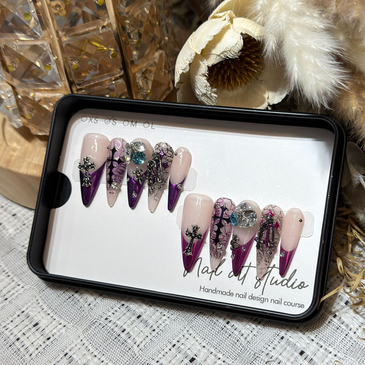Artistic Stiletto Press-On Nail Set with Unique Floral and Gemstone Accents Kalsten