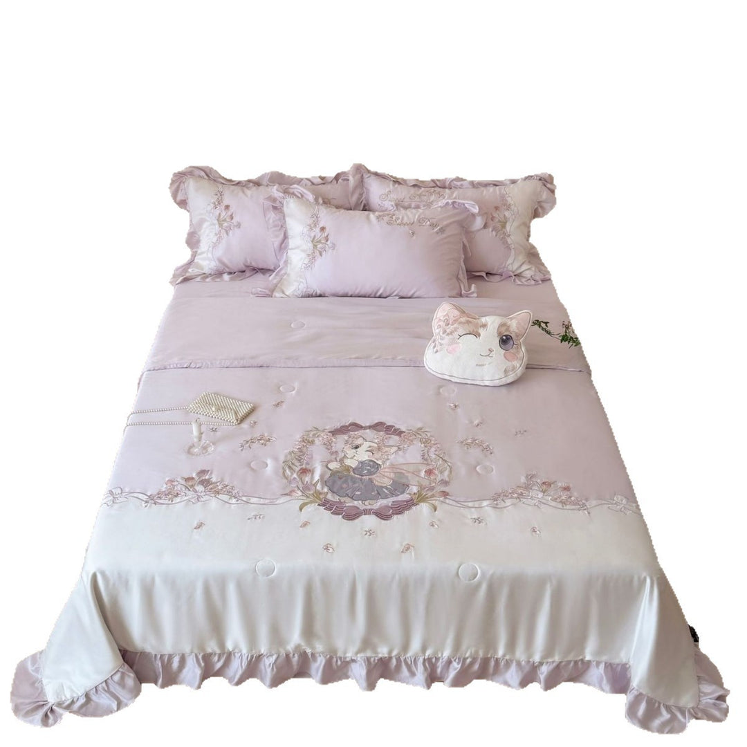 Romantic satin bedding complete set with embroidered bedspread and frill