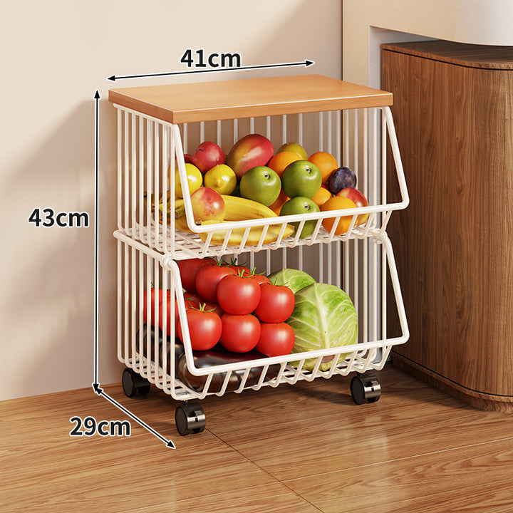 Compact Triple-Tier Rolling Wire Vegetable and Fruit Storage Cart with Wooden Top