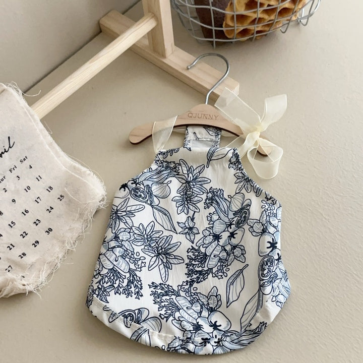 Floral Cotton Baby Halter Romper with Sheer Ribbon Shoulder Ties
