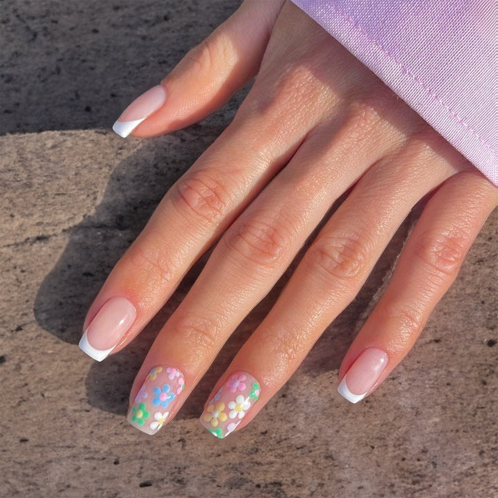 Artificial nail set with colorful flowers and creative French design Kalsten