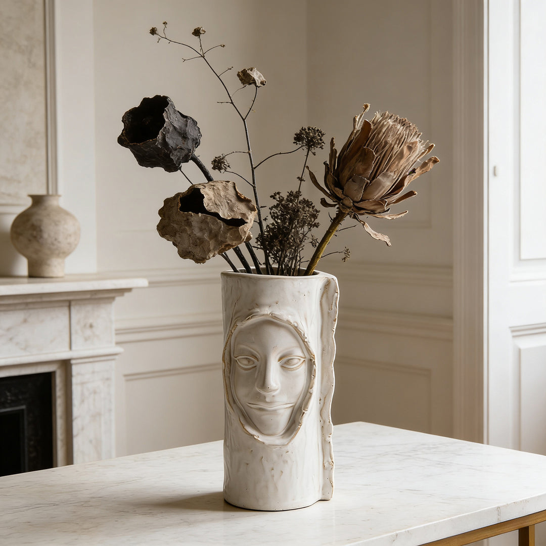 Handmade ceramic sculptural face-stem cylindrical flower pot with textured glaze