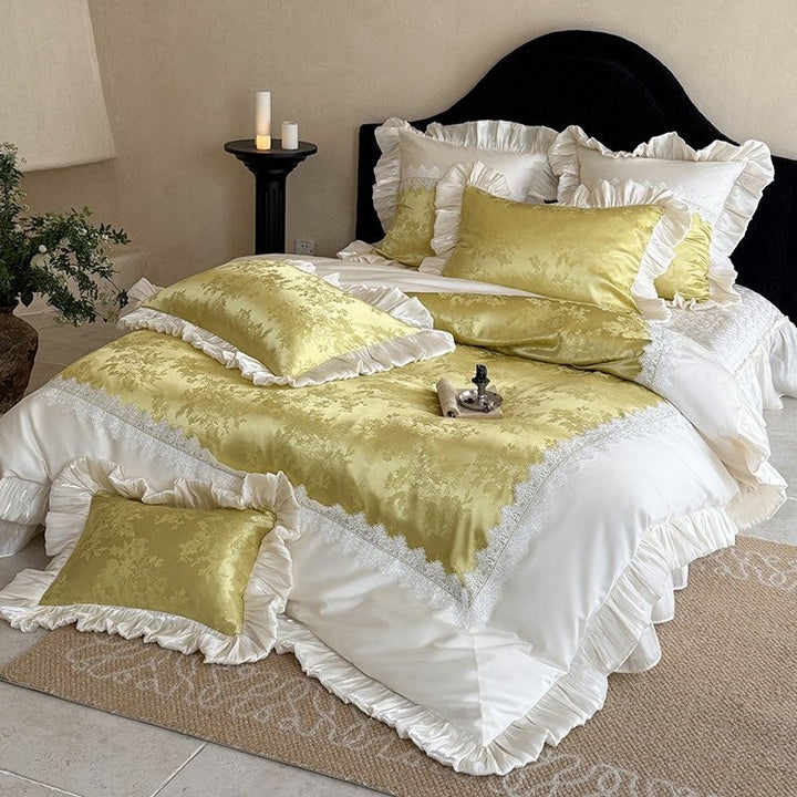 Elegant bedroom set: Jacquard satin bedspread with decorative ruffle and lace trim