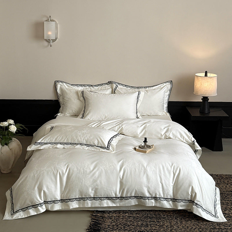 Jacquard cotton satin bedding set with fine lace trim