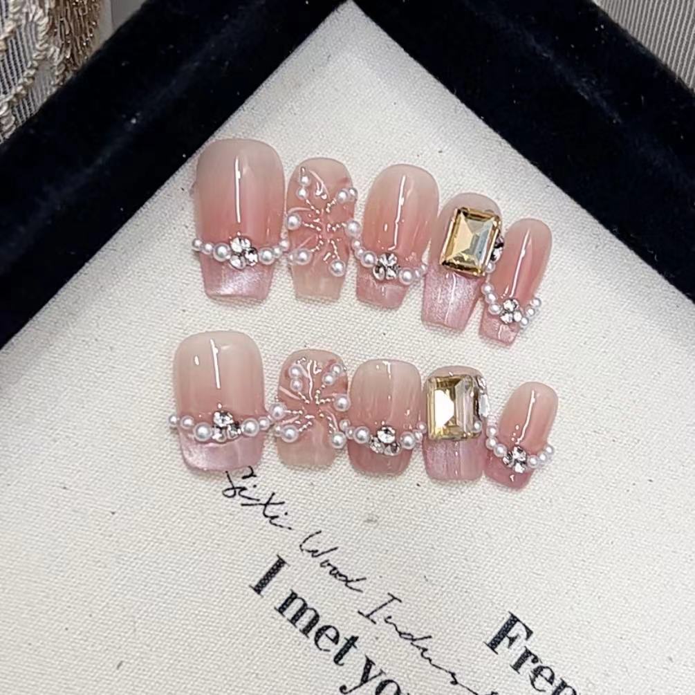 Elegant Press-On Nail Art Set with Pearl and Rhinestone Accents Kalsten