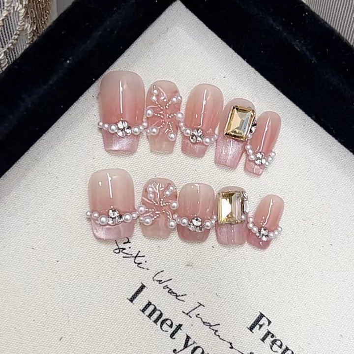 Elegant Press-On Nail Art Set with Pearl and Rhinestone Accents Kalsten