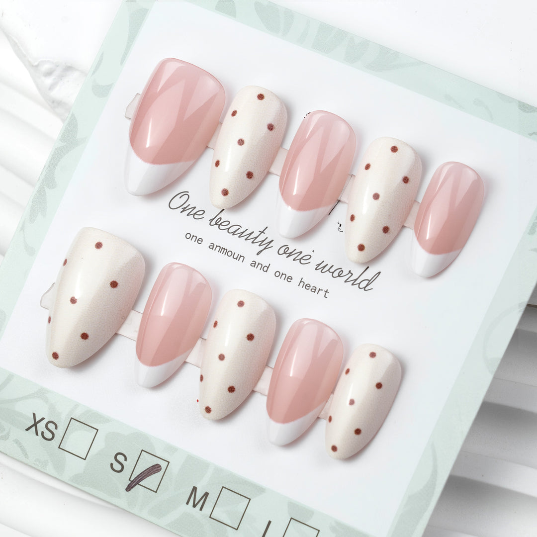 Elegant Press-On Nail Set with Polka Dot and French Tip Design Kalsten